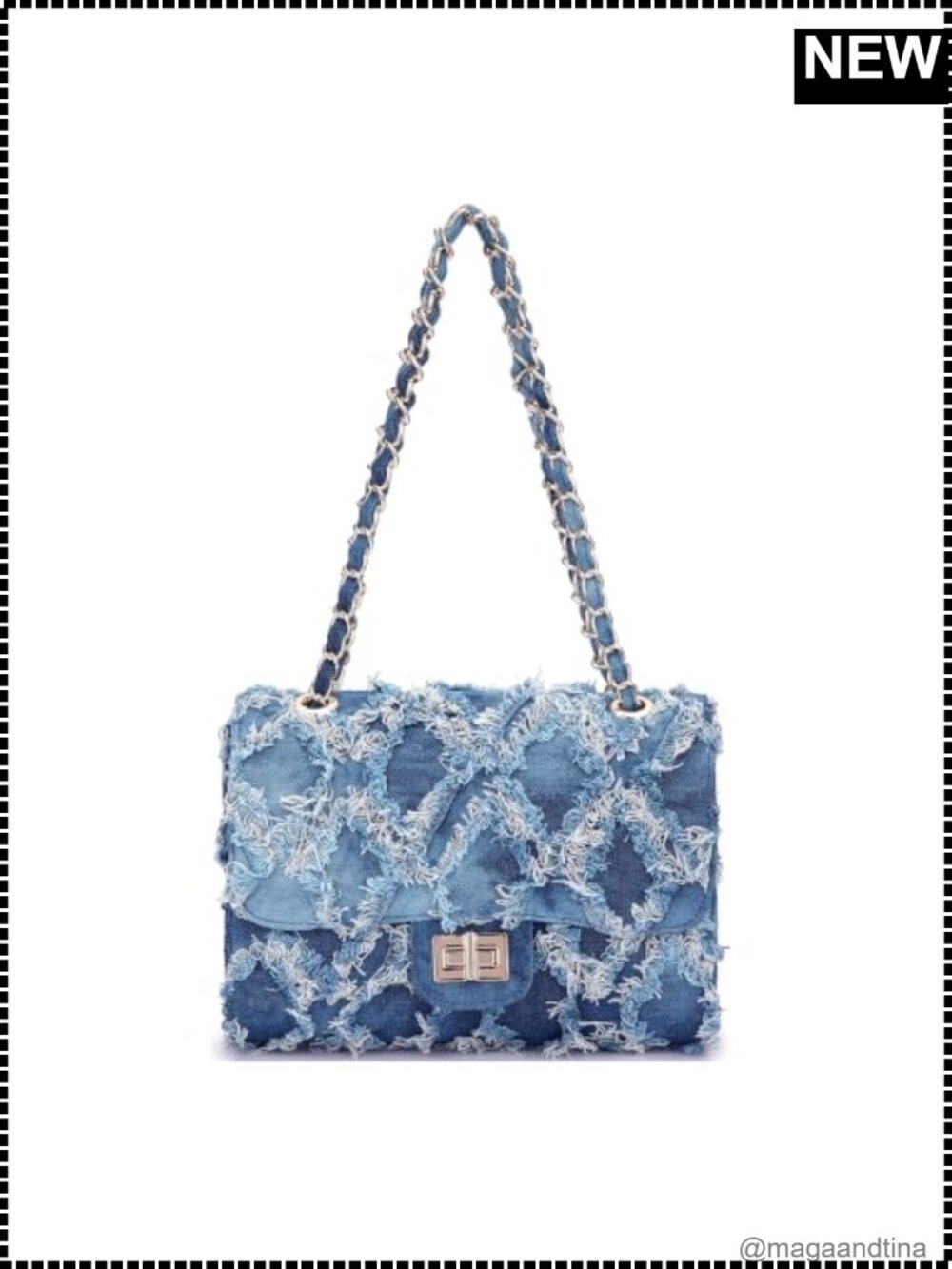 Quilted Denim Handbag Twist Lock Chain Strap Convertible Crossbody